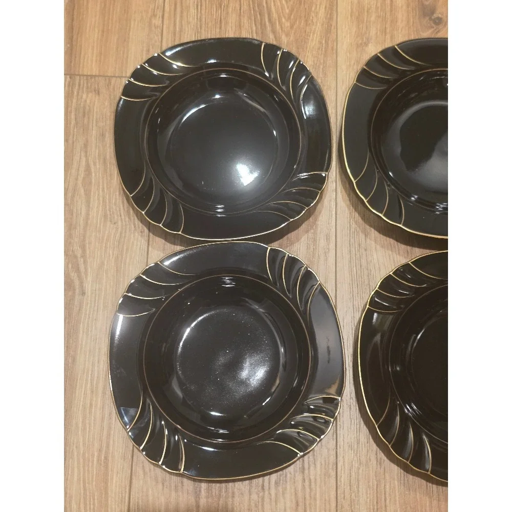 Vtg Ranmaru Wave Golden Black Soup Bowls Set of 4‎ Gallery Collections Japan